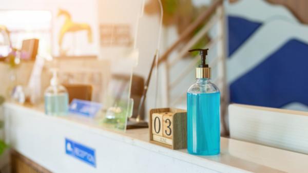 sanitizer gel at hotel counter